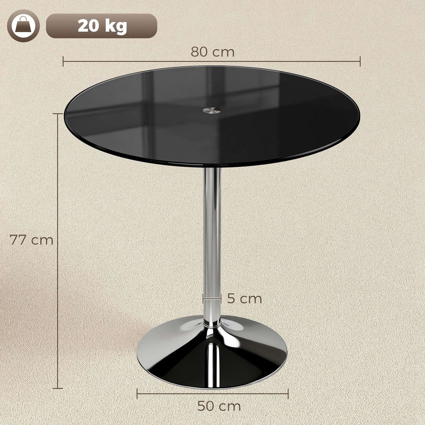 Round Bistro Dining Table | 8mm Tempered Glass Top | Steel Frame | Non-Slip Foot | Ø80x77cm | 20kg | Black