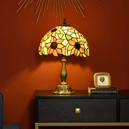 Stained Glass Table Lamp, Handmade Antique Style Bedside Lamp for Bedroom, Living room, Home, Nightstand, Decorative Night Light, Orange Sunflower