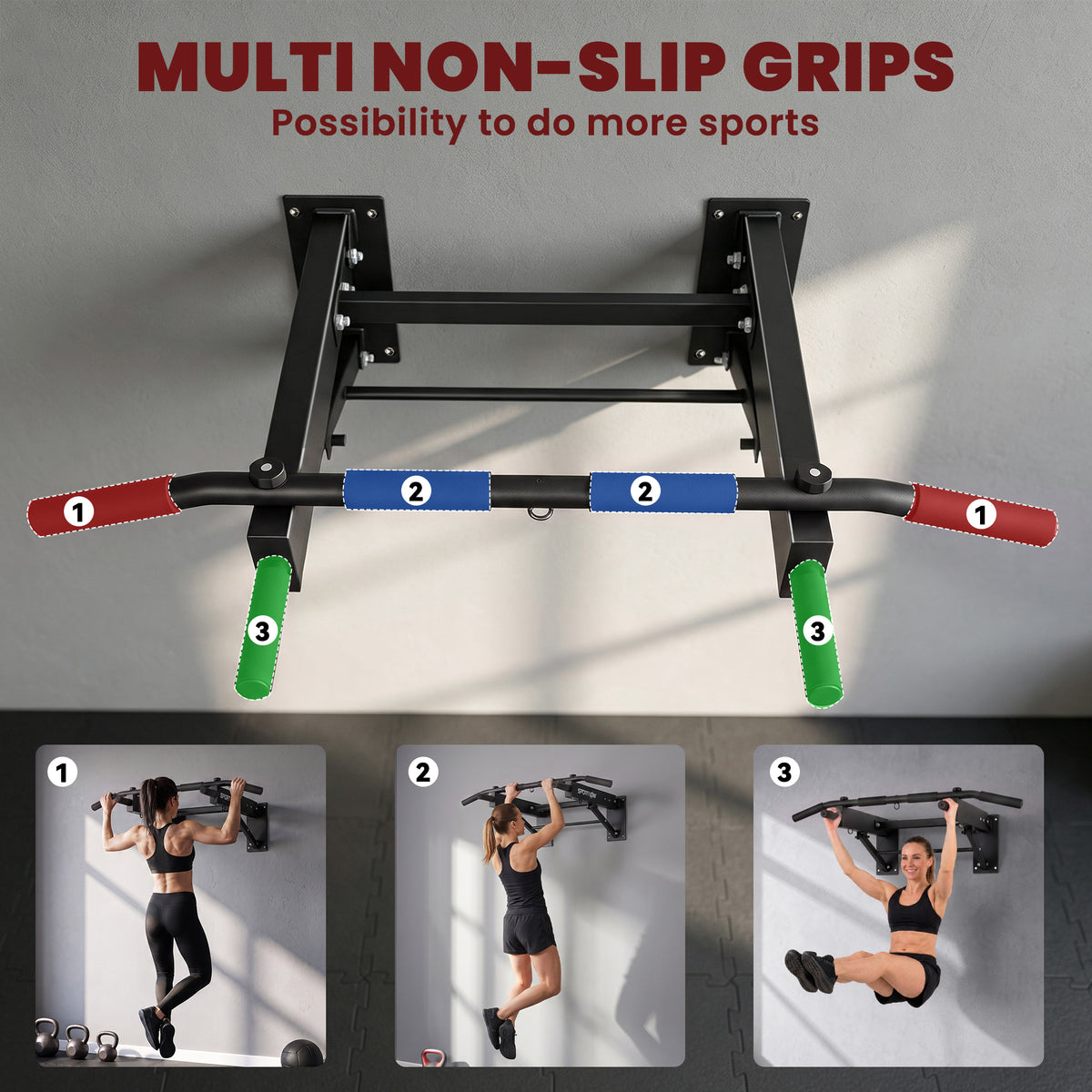 Wall Mounted Pull Up Bar | Foldable Chin Up Bar | 3 Resistance Band Hooks | 120kg Capacity | Home Gym | Black