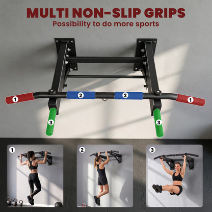 Wall Mounted Pull Up Bar | Foldable Chin Up Bar | 3 Resistance Band Hooks | 120kg Capacity | Home Gym | Black