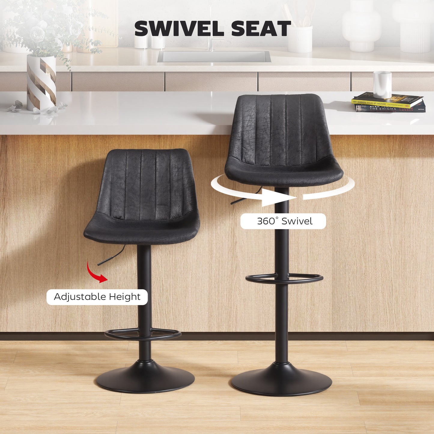 Set of 2 Leather Tub Bar Stools - Black