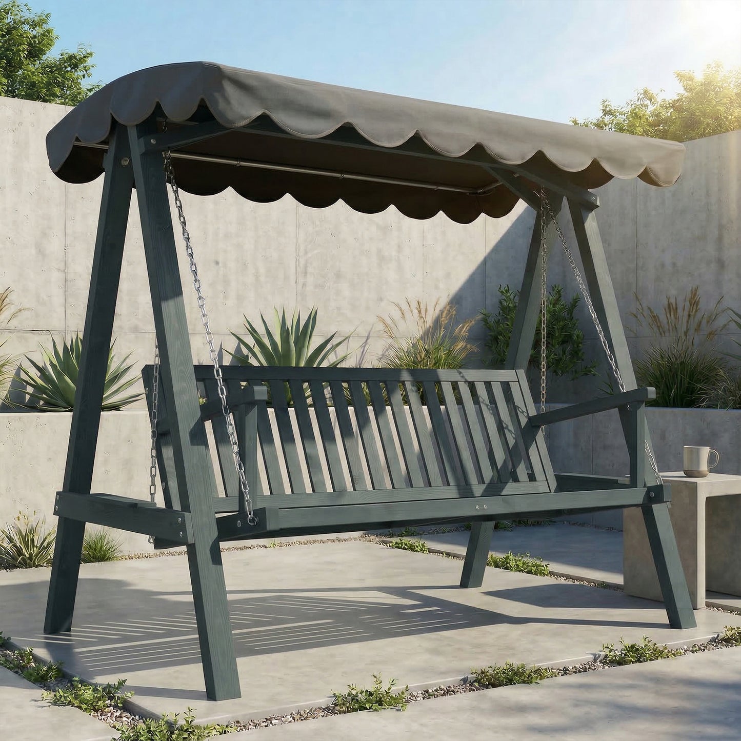 3-Seater Garden Swing Seat with Canopy | Pine Wood Frame | UV-Resistant | 360kg | Grey