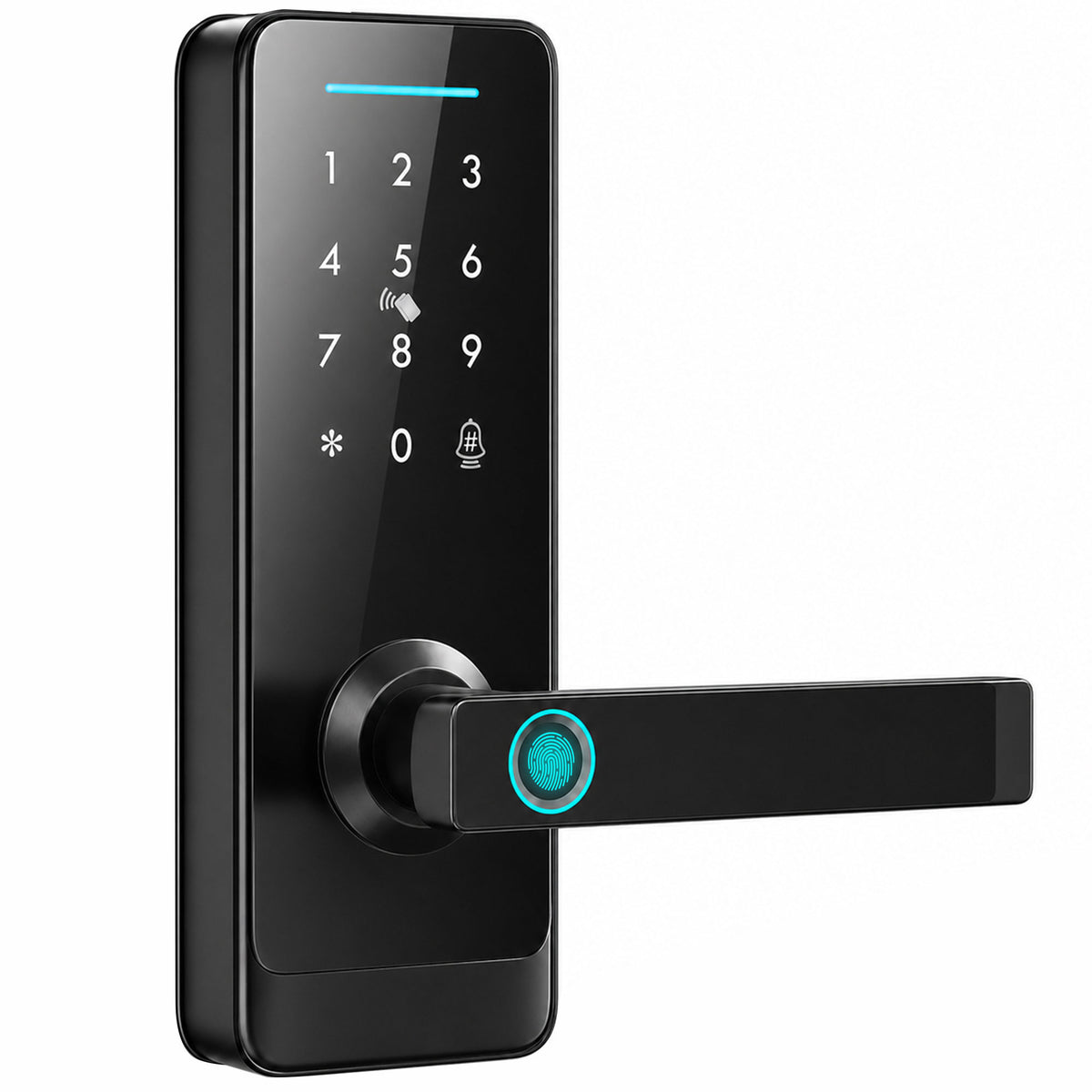 Smart Door Lock | 5-in-1 Entry: Fingerprint / Passcode / NFC Card / Tuya App / Key | Built-in Doorbell | Bluetooth 10m | ADC12 Alloy & Tempered Glass | Copper Cylinder | Door 3.5-6cm | Left & Right Hand | 7.1x19.3x13.4cm | Black