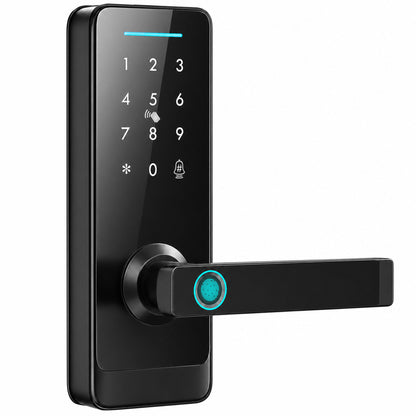 Smart Door Lock | 5-in-1 Entry: Fingerprint / Passcode / NFC Card / Tuya App / Key | Built-in Doorbell | Bluetooth 10m | ADC12 Alloy & Tempered Glass | Copper Cylinder | Door 3.5-6cm | Left & Right Hand | 7.1x19.3x13.4cm | Black