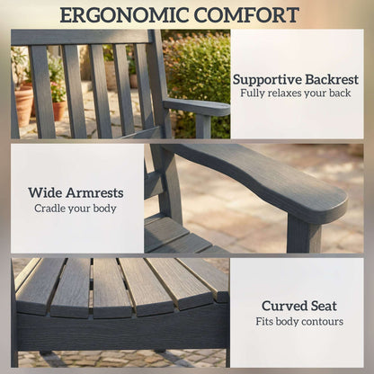 Outsunny 2 Seater Plastic Garden Bench, Outdoor Patio Bench with Armrest and Backrest, Weatherproof Outdoor Furniture for Balcony