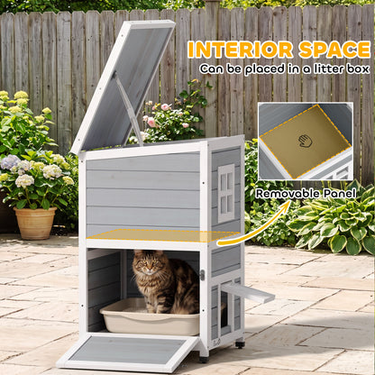 2-Floor Wooden Outdoor Cat House | Fir Wood | Water-Resistant Paint | Elevated Base | Jump Platforms | 3 Doors & Windows | Openable Roof | Litter Tray Space | Max 5kg Per Cat | 51x51x81.3cm | Grey