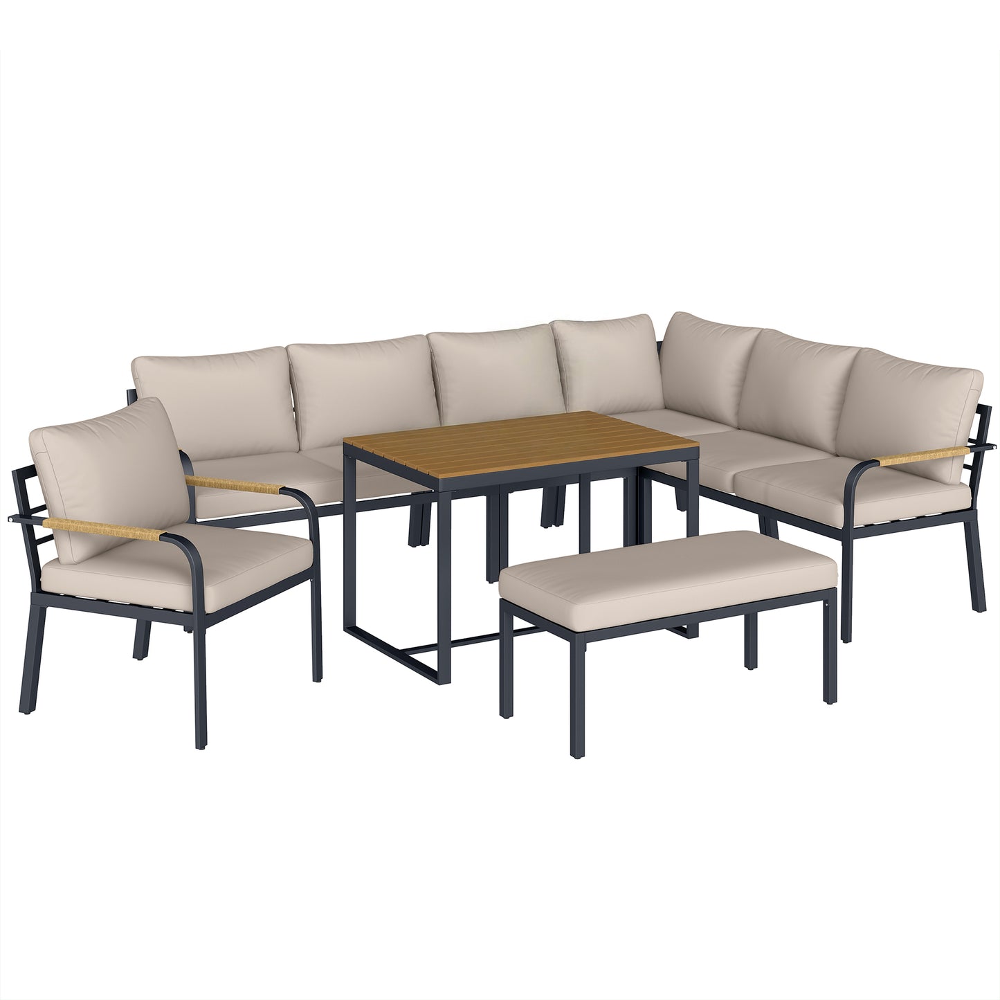 7-Piece 7-Seater Rattan Garden Furniture Set | 2 Loveseats | Armchair | Corner Chair | Footstool | WPC Table | 15cm Back Cushions | 120kg | Khaki