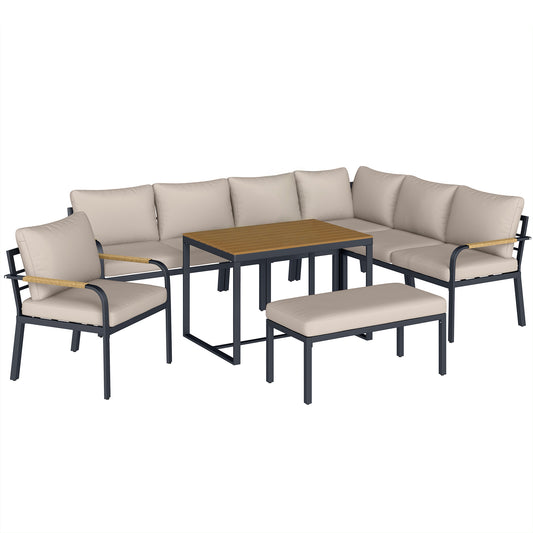 7-Piece 7-Seater Rattan Garden Furniture Set | 2 Loveseats | Armchair | Corner Chair | Footstool | WPC Table | 15cm Back Cushions | 120kg | Khaki
