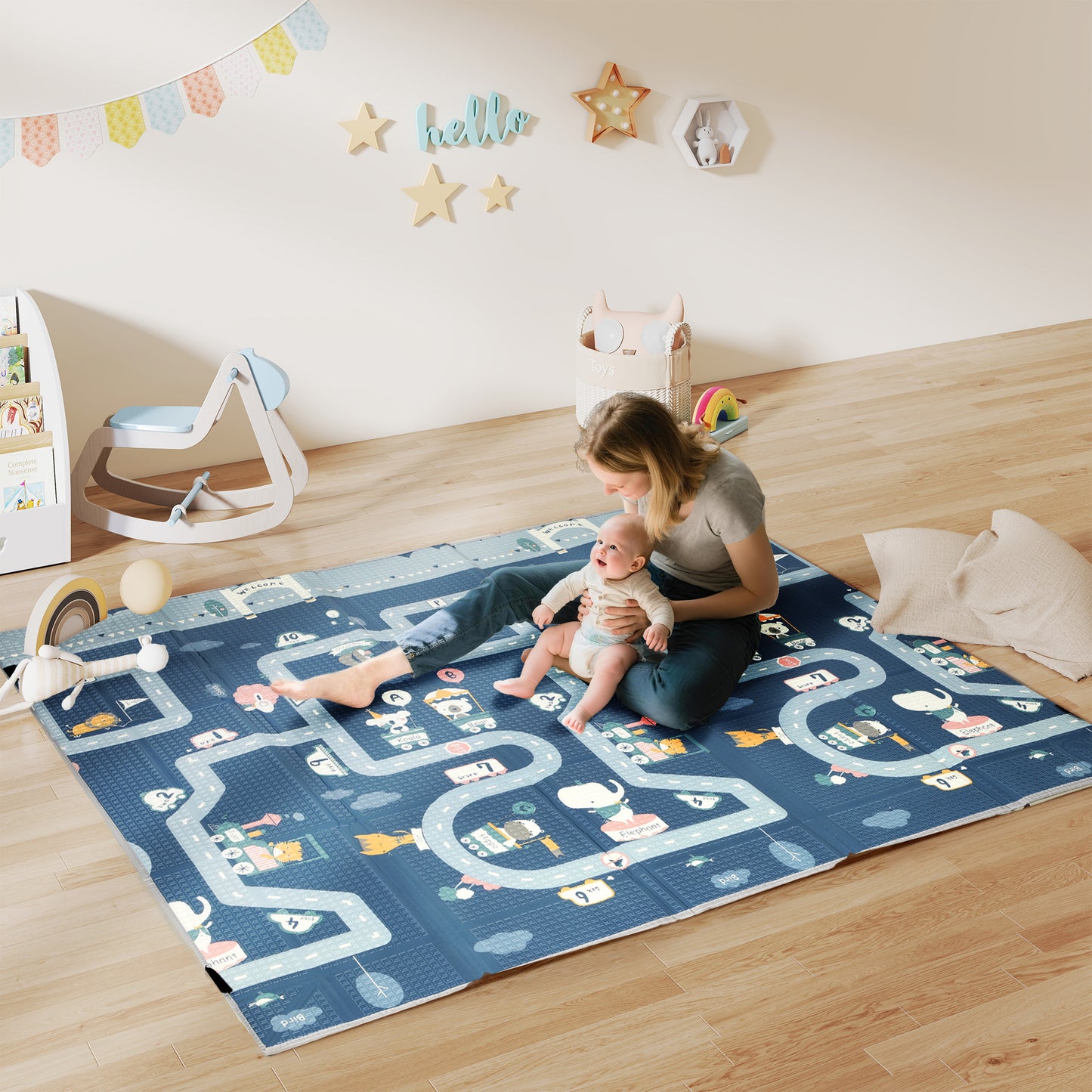 AIYAPLAY Foldable Baby Play Mat, Baby Playpen, Reversible Foam Playmat, Floor Mats for Toddlers, Traffic and Grey Diamond Theme