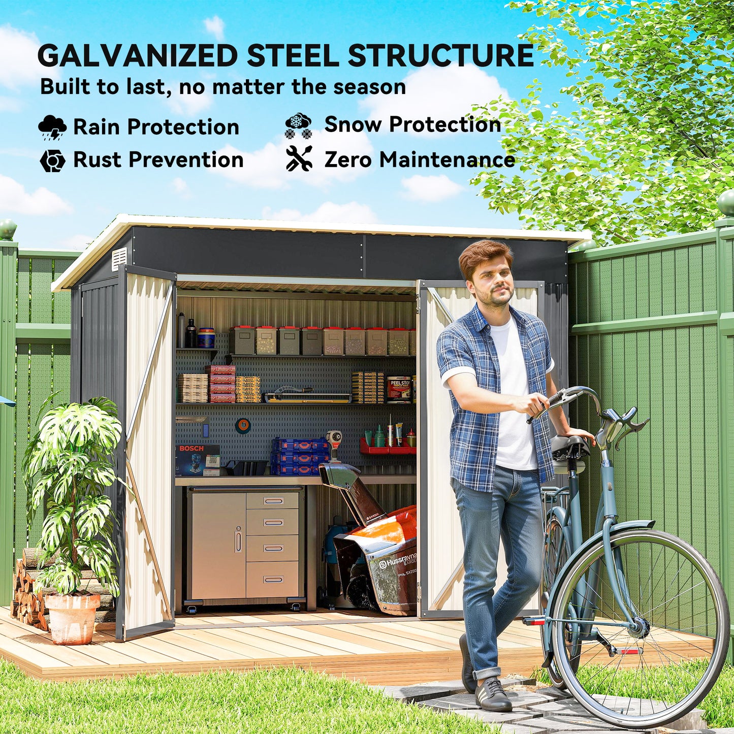 Galvanised Steel Garden Storage Shed | Triple Lockable Access | Double Front Doors & Side Door | Powder-Coated | Ventilation Slots | Sloped Roof | 25kg/m² Snow Load | 234x132x185cm | 2.68m² | Dark Grey