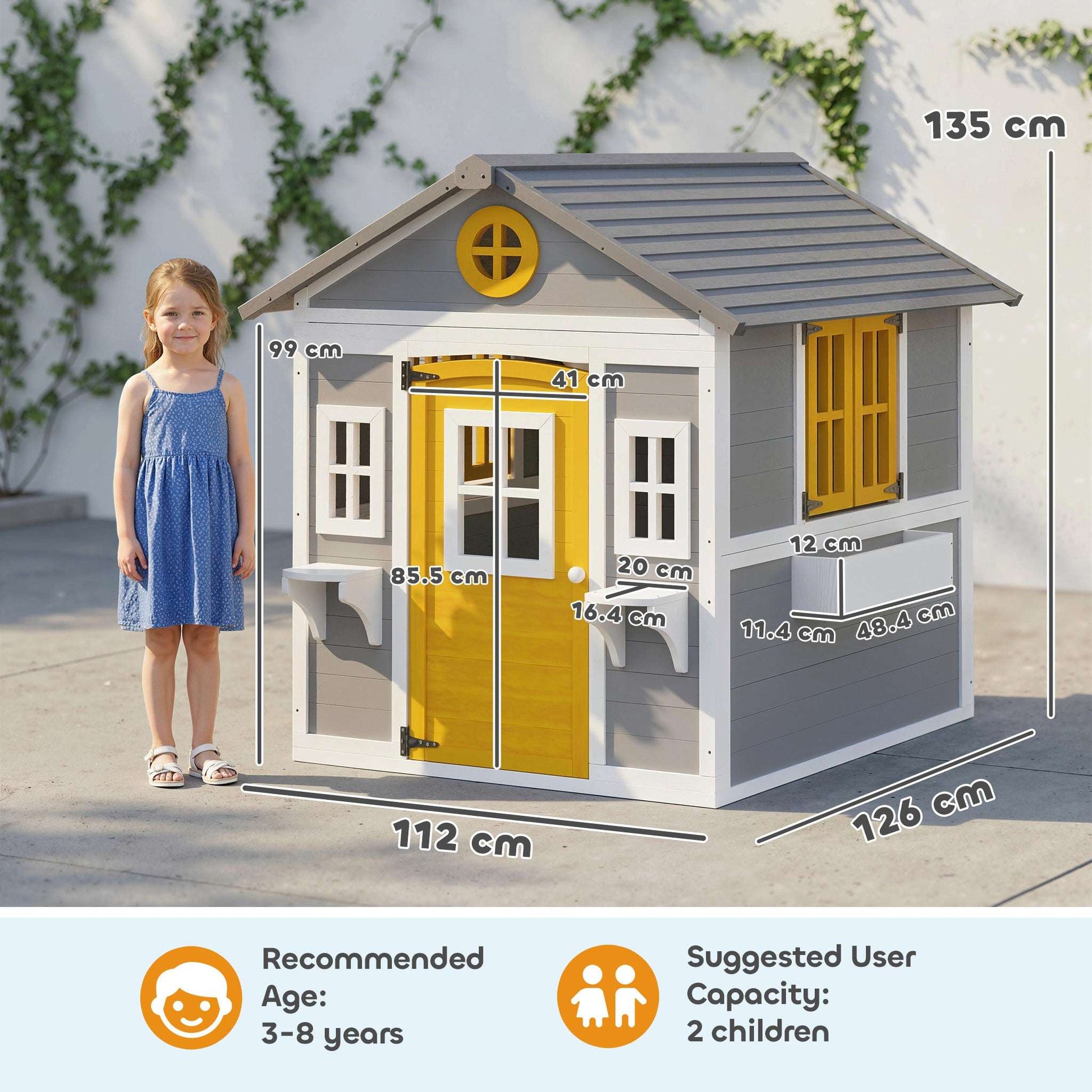 Solid Fir Wood Kids Outdoor Playhouse | Openable Windows | Planter Boxes & Plant Pots | Sloped Roof | EN71 Certified | Ages 3-8 | 135x114x126cm | Grey Yellow & White