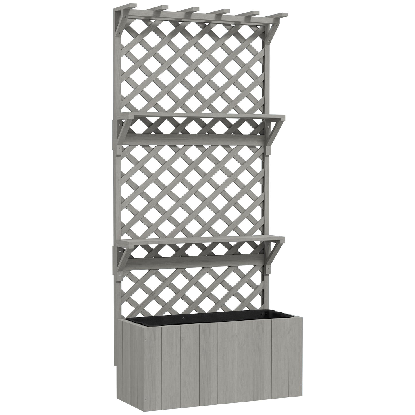 Fir Wood Planter with Tall Trellis Roof & Upper Shelf | 52L | 70x31cm Planting Area | Fabric Liner & Drainage Holes | 50kg | 76x33x177cm | Climbing Plants | Grey
