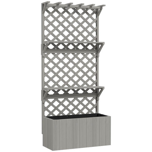 Fir Wood Planter with Tall Trellis Roof & Upper Shelf | 52L | 70x31cm Planting Area | Fabric Liner & Drainage Holes | 50kg | 76x33x177cm | Climbing Plants | Grey