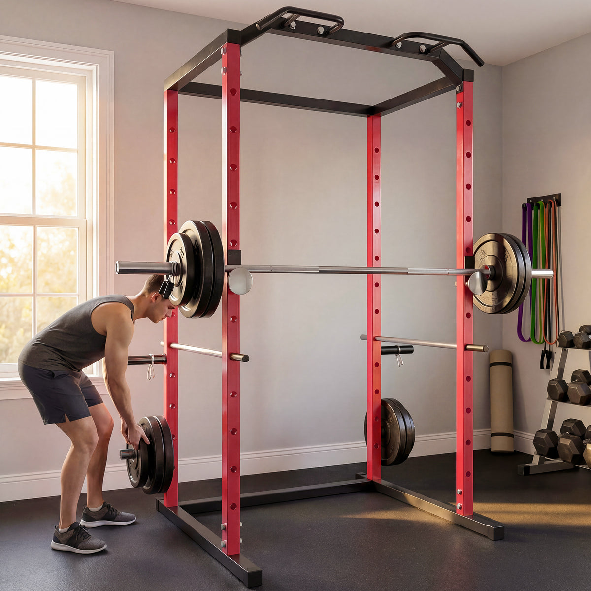 SPORTNOW Power Tower | Adjustable Squat Rack | Red & Black Steel | 160x112x215cm | 460kg Max Load | 11 Height Levels | Pull-Up Bar | Dip Station | Safety Arms | Plate Storage | Home Gym Strength Training