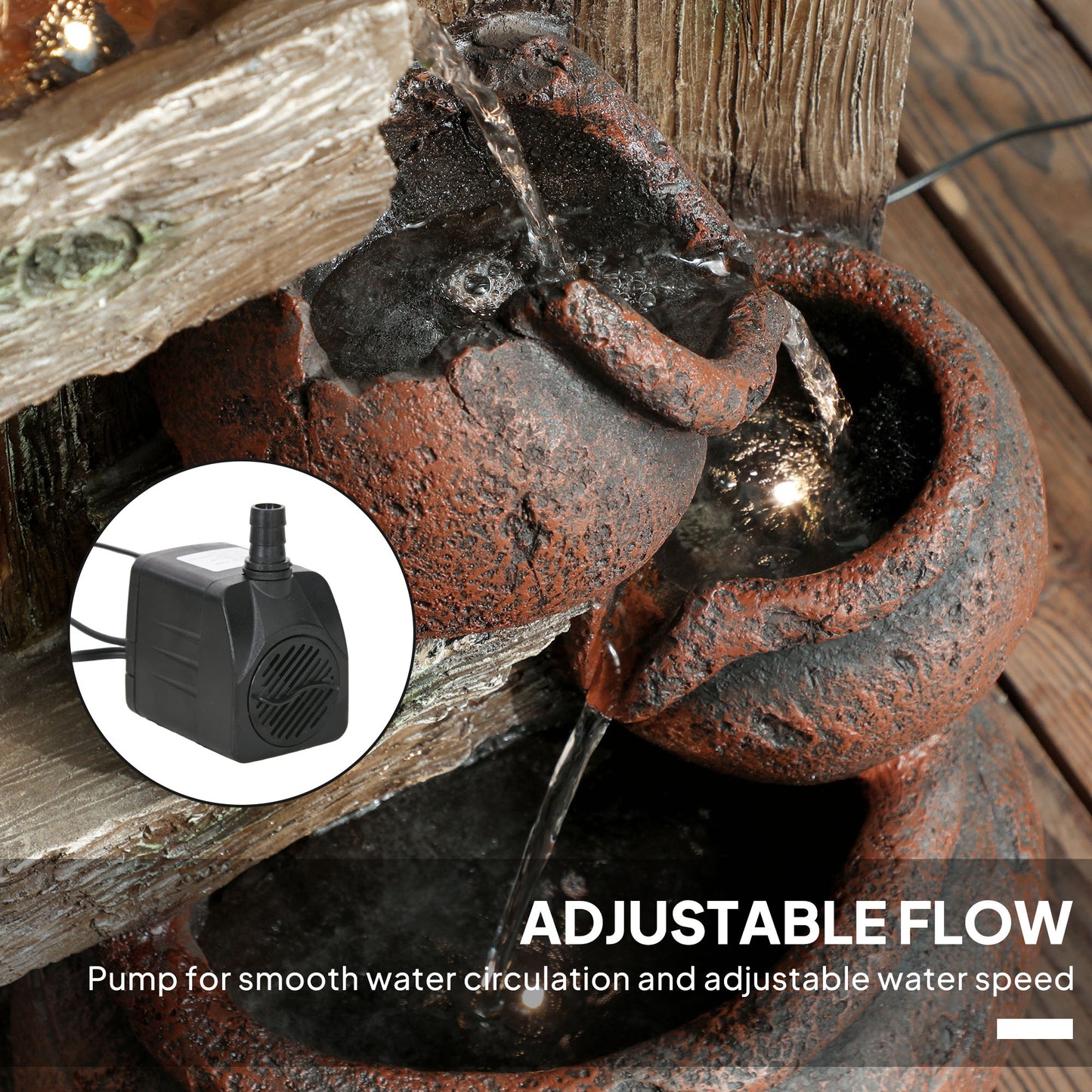 2-in-1 Waterfall Fountain with Birdhouse, Resin Garden Water Fountain with LED Lights Pump, Cascading Garden Water Feature with Tree Trunk Design
