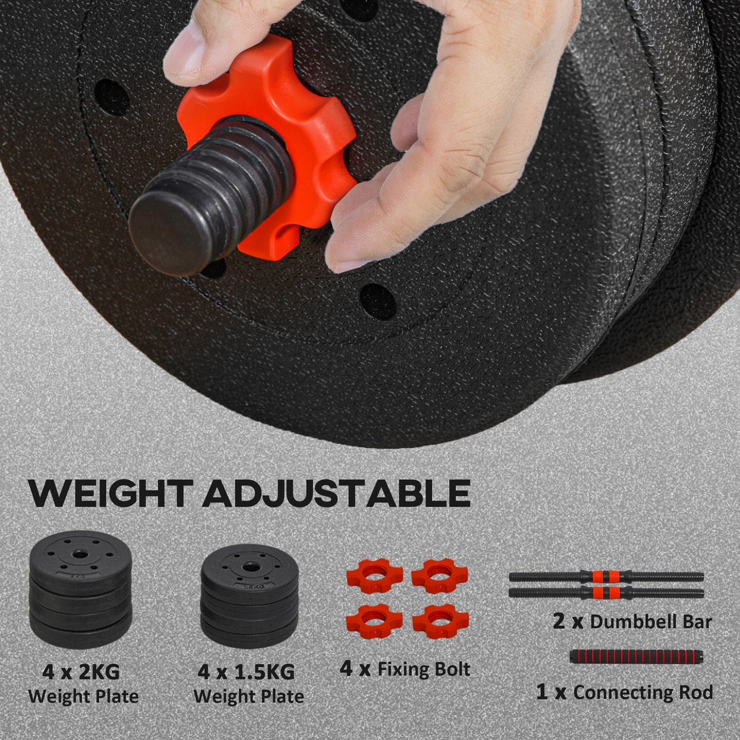 HOMCOM 2-in-1 Adjustable Dumbbell & Barbell Set 15kg | Home Gym Free Weights | Bicep Curl, Squat & Press Training | Black