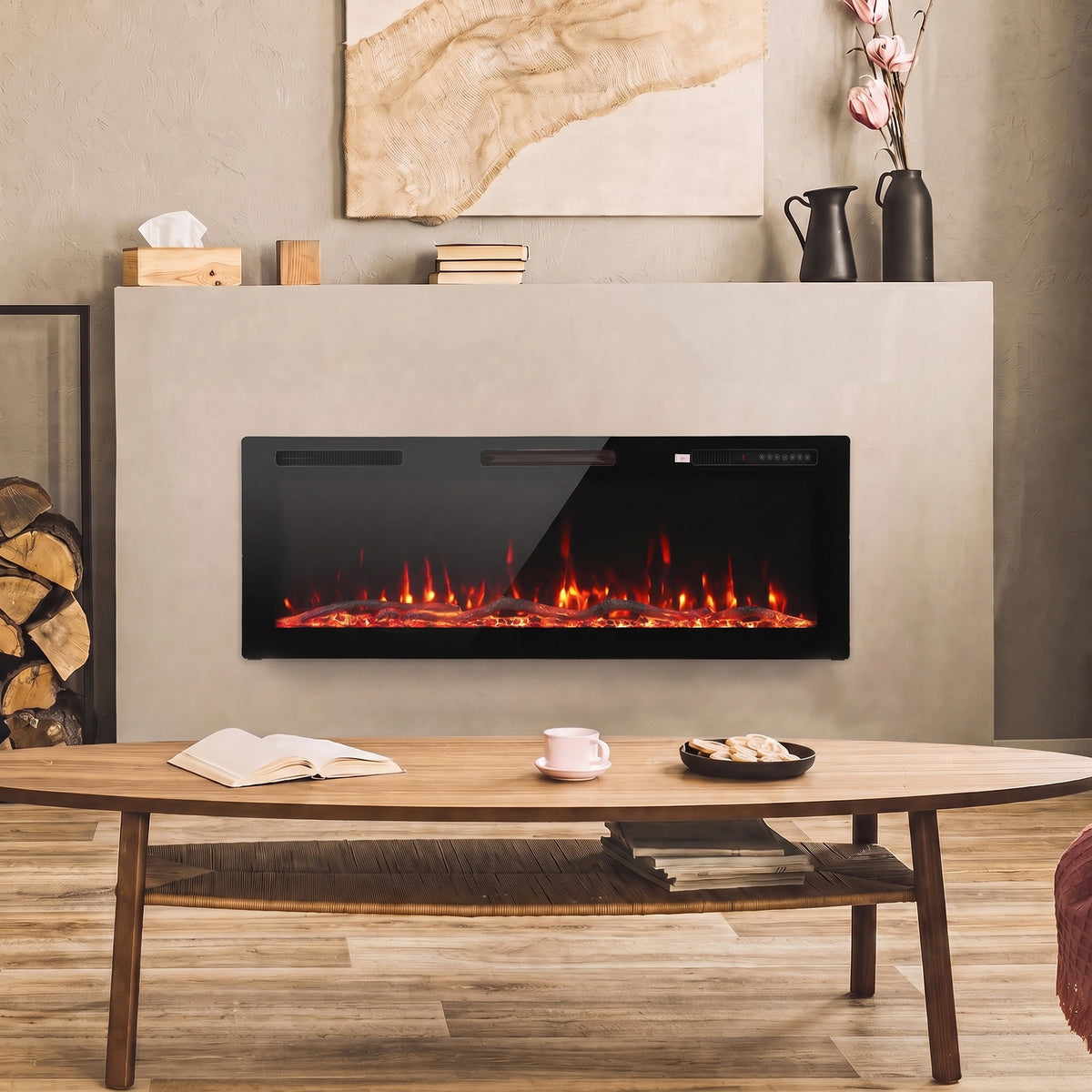 127cm Slim Electric Fireplace | Wall Mounted, Recessed or Freestanding | 900/1800W, 12 Flame Colours, Remote, ECO & 7-Day Timer | Black