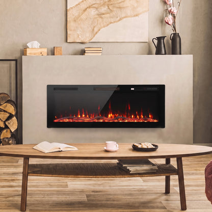 127cm Slim Electric Fireplace | Wall Mounted, Recessed or Freestanding | 900/1800W, 12 Flame Colours, Remote, ECO & 7-Day Timer | Black