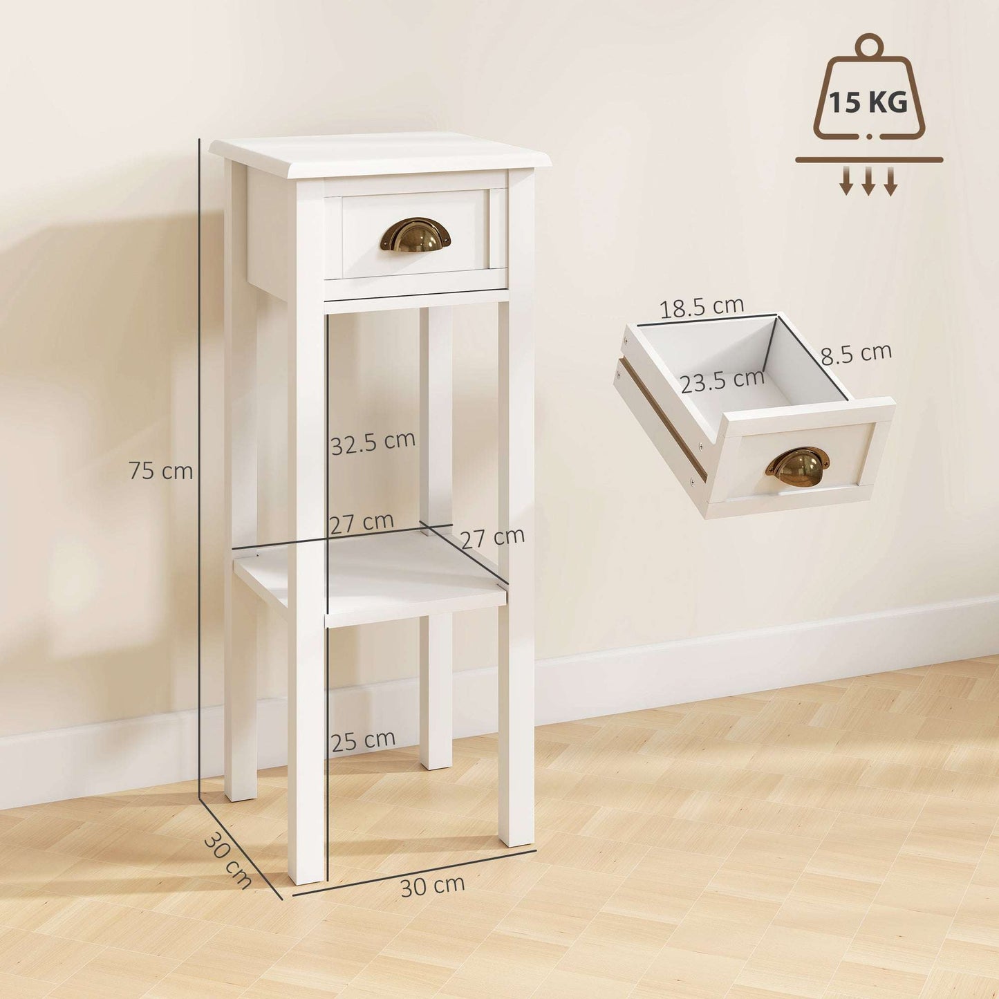 Set of 2 Side Tables | Drawer & Open Shelf | Slim 30x30x75cm | Anti-Tip | Elevated Base | MDF | White