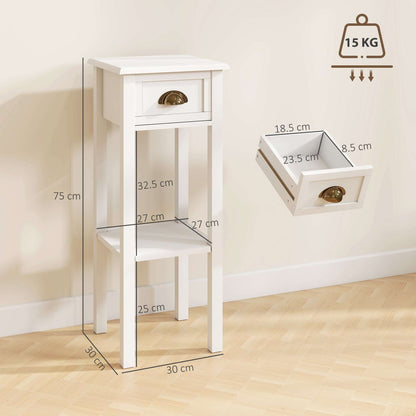 Set of 2 Side Tables | Drawer & Open Shelf | Slim 30x30x75cm | Anti-Tip | Elevated Base | MDF | White