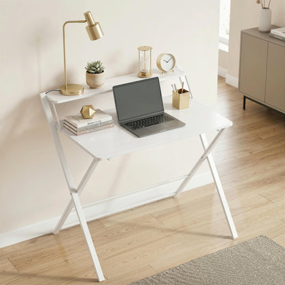 Folding Desk with Upper Shelf | X-Frame | Melamine Coated | 86x66x82cm | 20kg | Curved Corners | Easy Assembly | White