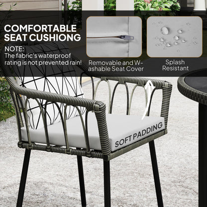 5 Piece Patio Rattan Dining Set, Wicker Garden Table and Chairs w/ Removable Seat & Back Cushions, Round Tempered Glass Tabletop, Parasol Hole, Grey