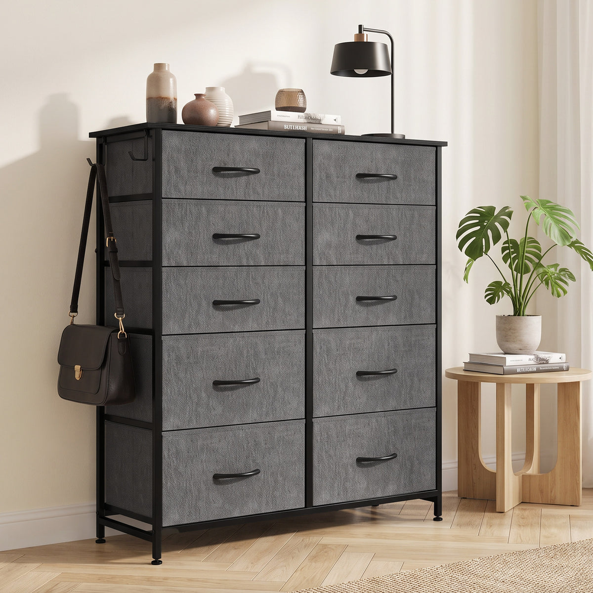 Chest of 10 Fabric Drawers | Grey & Black | Non-Woven Fabric Steel Particle Board | 80x30x94.5cm | 4 Side Pockets | 2 Hooks | X-Bar Frame | Adjustable Feet | Anti-Tip | 35kg