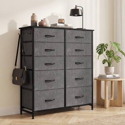 Chest of 10 Fabric Drawers | Grey & Black | Non-Woven Fabric Steel Particle Board | 80x30x94.5cm | 4 Side Pockets | 2 Hooks | X-Bar Frame | Adjustable Feet | Anti-Tip | 35kg
