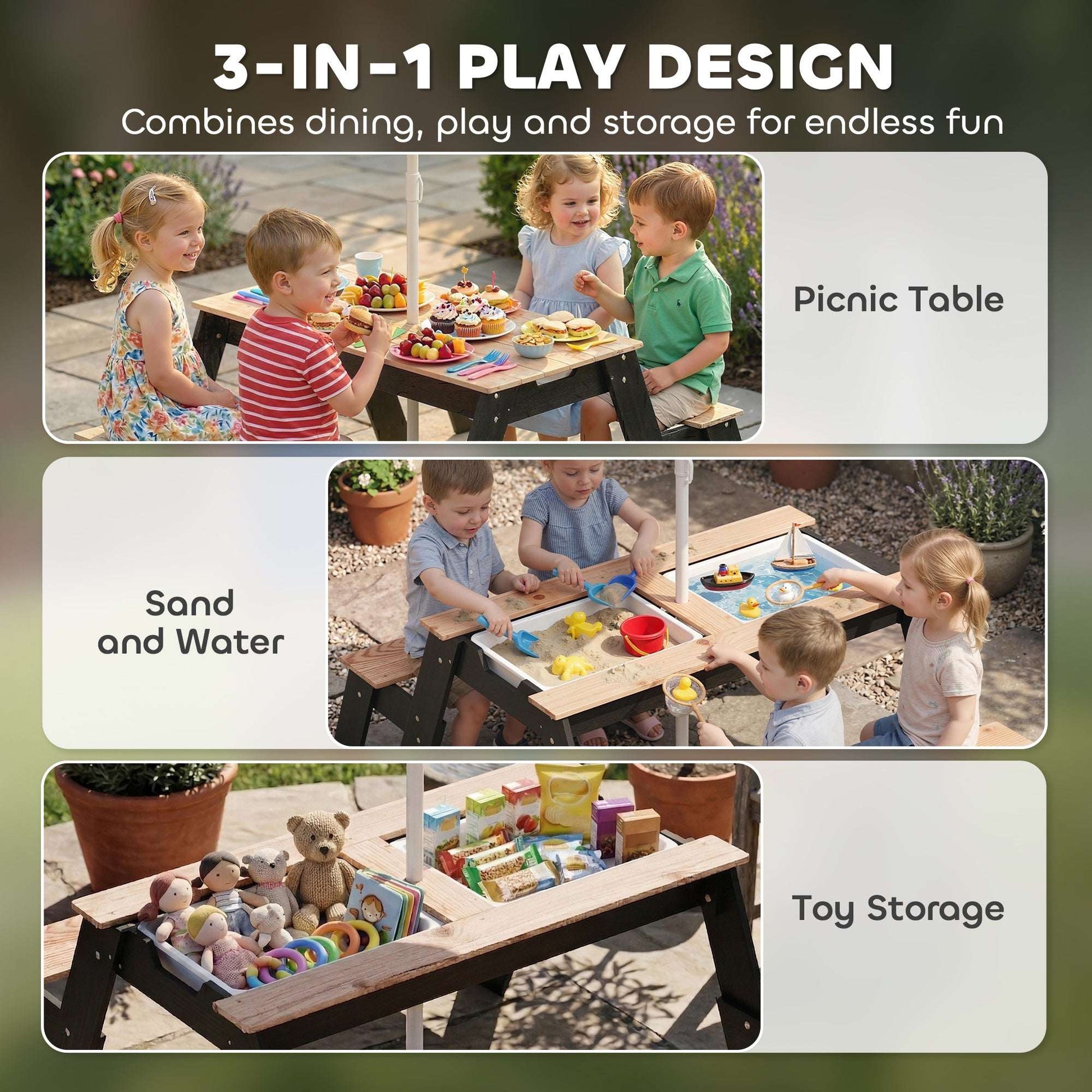 3-in-1 Kids Garden Table & Chair Set | Sand & Water Table | 2 Hidden Storage Boxes | Blue Striped Parasol | Fir Wood | Reinforced Metal Frame | Ages 3-6 | 113x95x160cm | Natural Wood