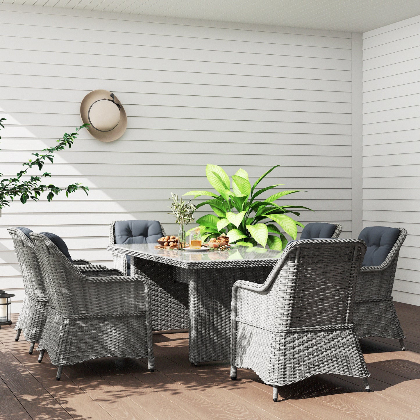 6 Seater Rattan Dining Set, Round PE Rattan Garden Furniture Set with Seat and Back Cushions, Aluminium Outdoor Dining Table and Chairs with 6 Armchairs