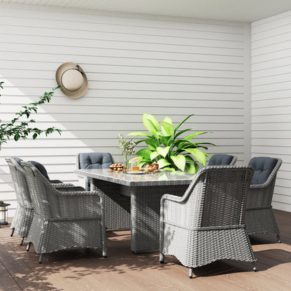 6 Seater Rattan Dining Set, Round PE Rattan Garden Furniture Set with Seat and Back Cushions, Aluminium Outdoor Dining Table and Chairs with 6 Armchairs