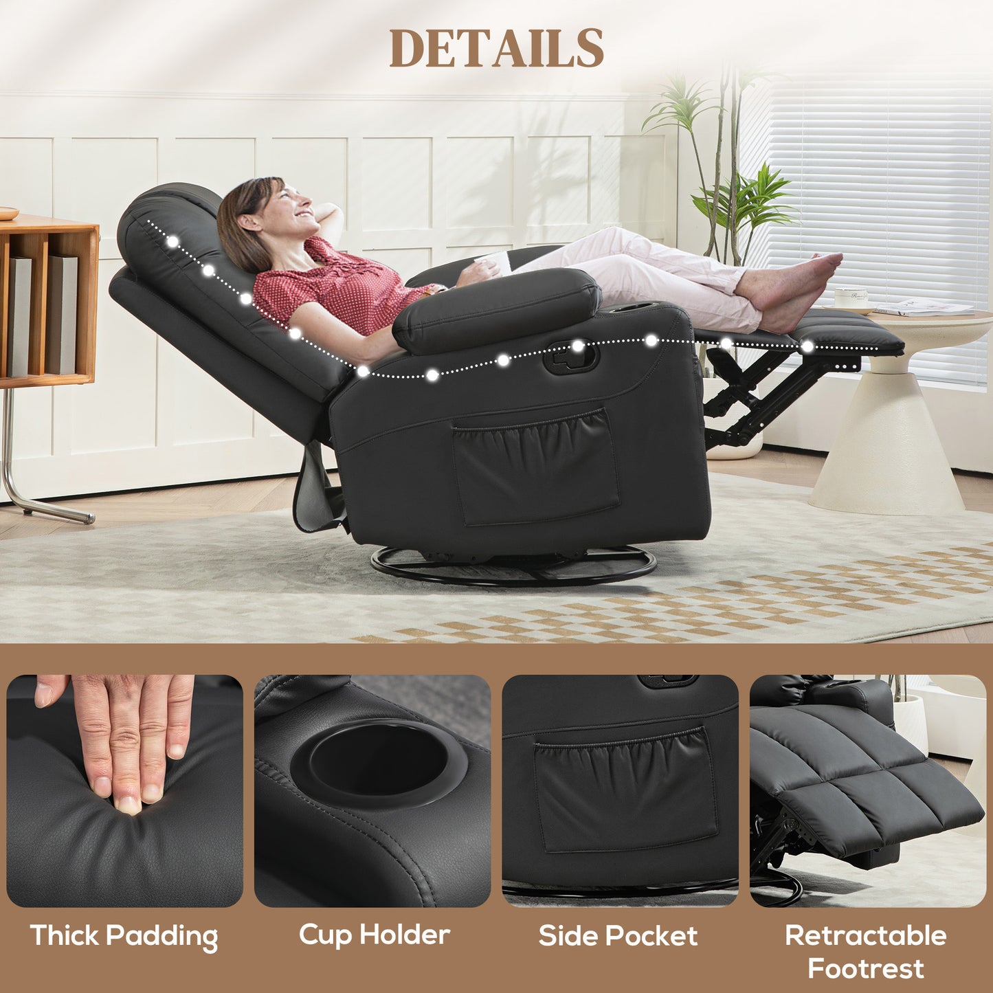 Manual Reclining Chair, Recliner Armchair with Swivel, Faux Leather, Footrest, Cup Holders, 86x93x102cm, Black