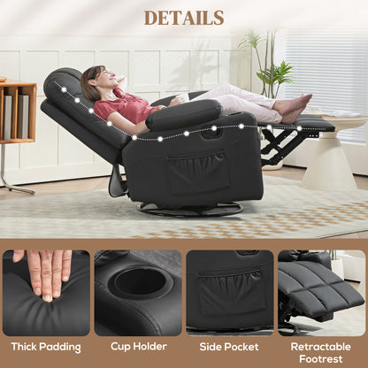 Manual Reclining Chair, Recliner Armchair with Swivel, Faux Leather, Footrest, Cup Holders, 86x93x102cm, Black