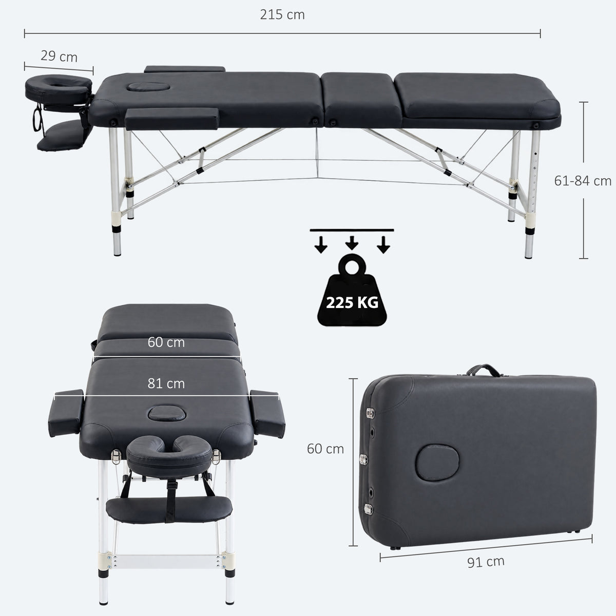Portable Massage Table | 3-Section Folding Aluminium Beauty Couch | 9 Height Settings, Adjustable Backrest & Headrest | Black