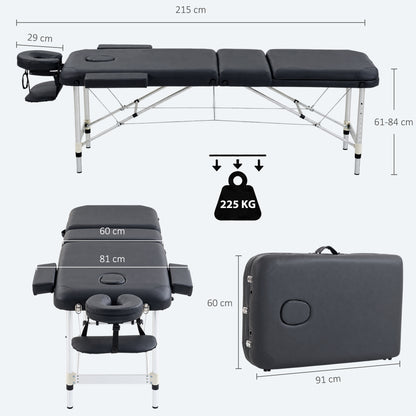Portable Massage Table | 3-Section Folding Aluminium Beauty Couch | 9 Height Settings, Adjustable Backrest & Headrest | Black