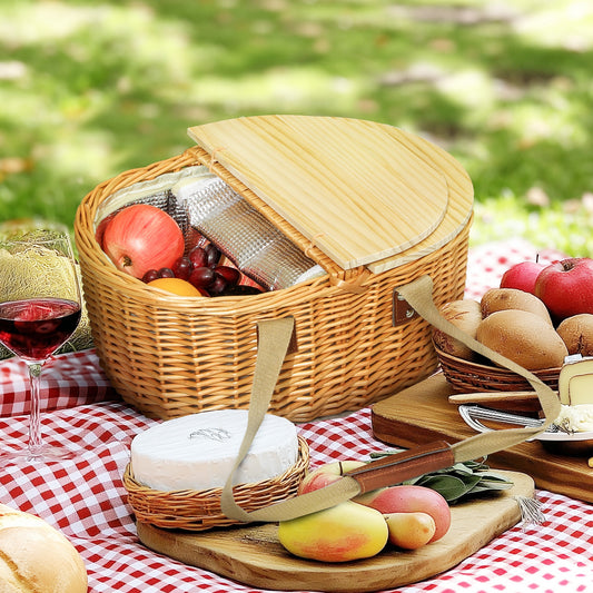 Wicker Picnic Basket for 2 with Pine Wood Lid, Picnic Hamper with Cooler Compartment, Cutlery Service Kits, Carry Handle for Camping, Outdoors