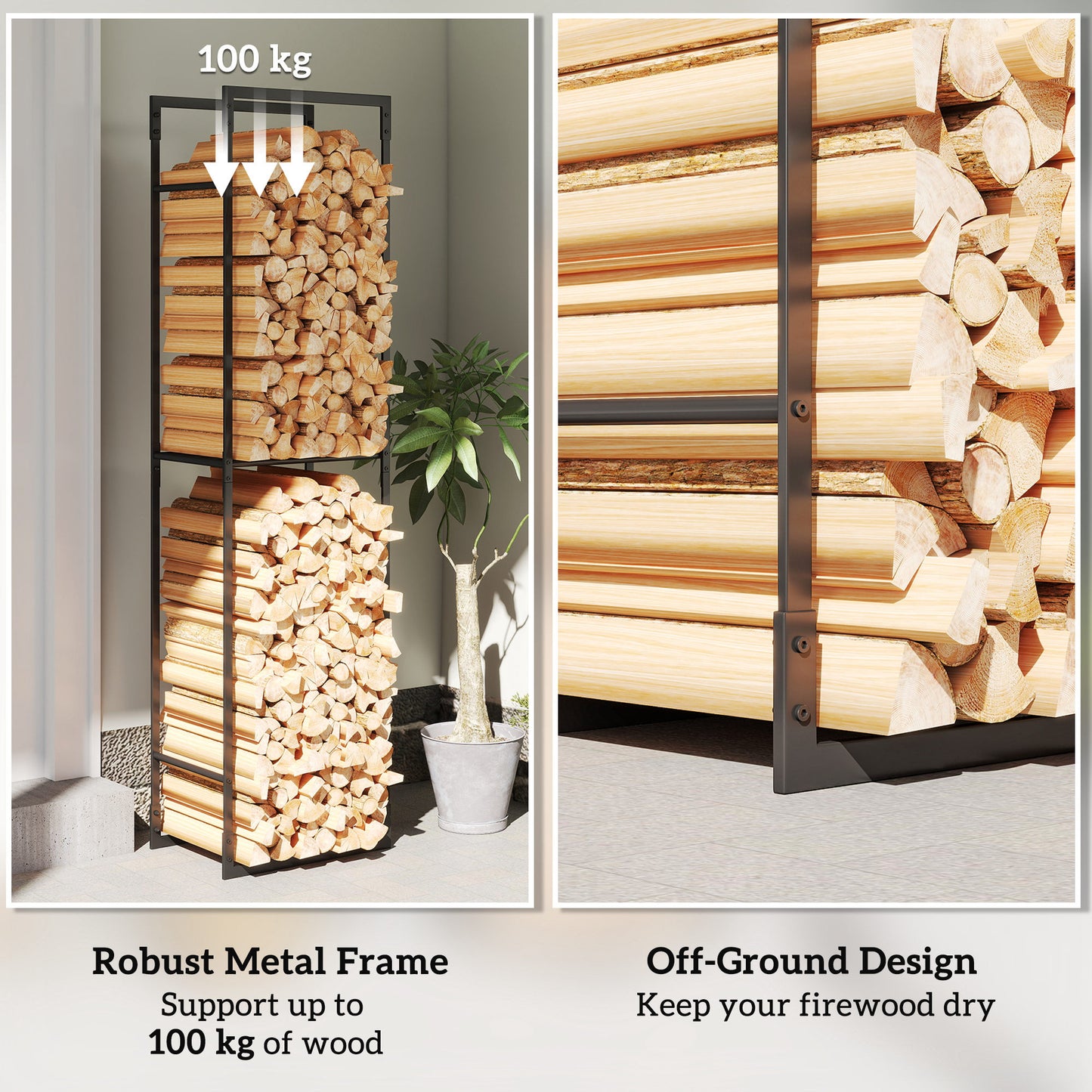 Outsunny Metal Firewood Log Holder, Heavy Duty Firewood Rack with Adjustable Shelf, Indoor Outdoor Fireplace Wood Storage Shelf, 45 x 31 x 170 cm, Black