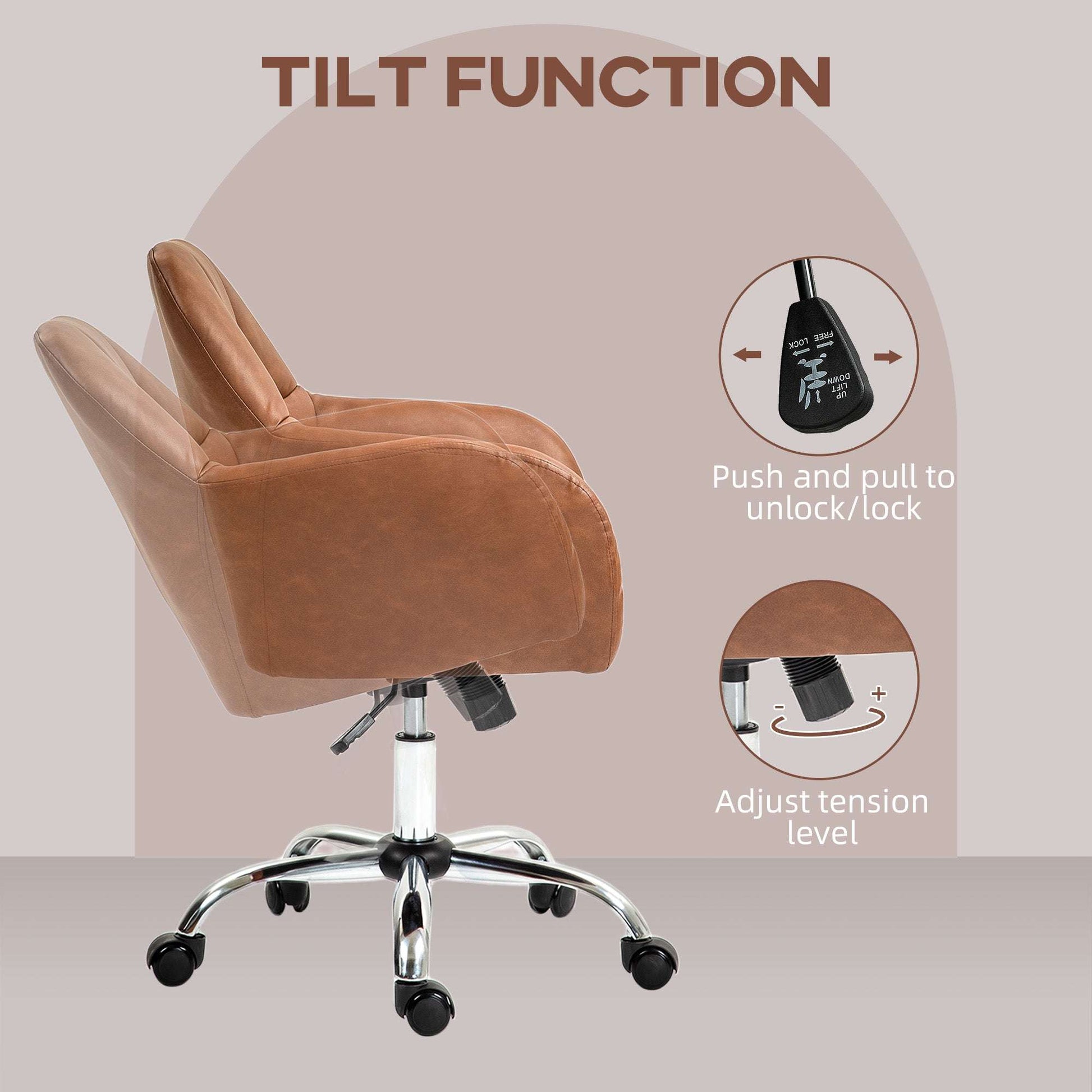 Computer Desk Chair, PU Leather Swivel Office Chair, Makeup Vanity Chair with Height Adjustable, Wheels, for Home -  Brown