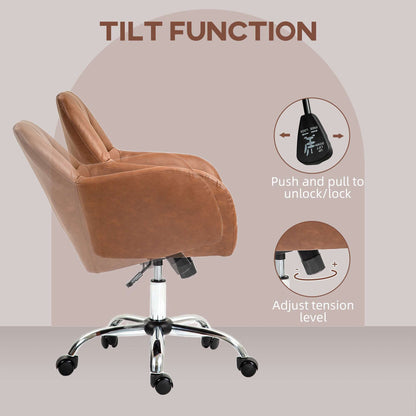 Computer Desk Chair, PU Leather Swivel Office Chair, Makeup Vanity Chair with Height Adjustable, Wheels, for Home -  Brown