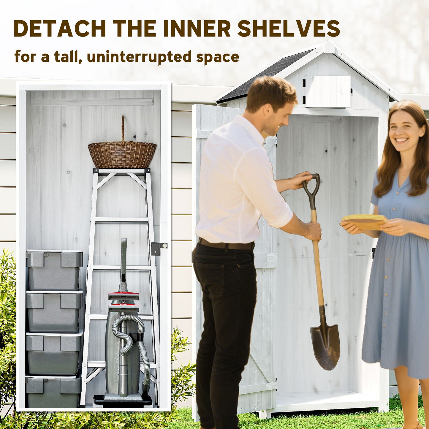 Tall Slim Fir Wood Garden Storage Shed | 3 Removable Shelves | Asphalt Roof | Roof Hatch Window | Door Latch | 2-Layer Water-Resistant Paint | 77x54.2x179cm | Light Grey