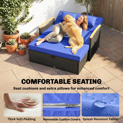 3-in-1 Rattan Garden Daybed | Loveseat to Daybed | Storage Ottoman | 5-Level Adjustable Backrest | 2 Foldable Side Tables | All-Weather PE Rattan | 240kg | Brown