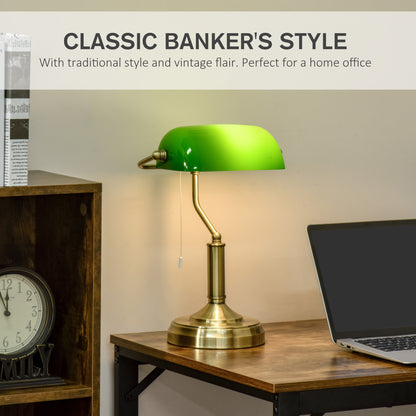 Set of 2 Banker's Desk Lamps | Green Glass Shade | Antique Brass Base | Pull Rope Switch
