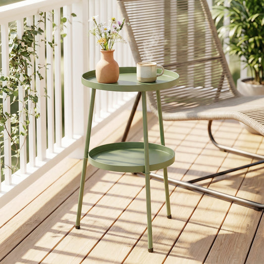 2 Tier Round Garden Bistro Side Table | 36x36x53cm | 32cm Top Tray | Tripod Base | Adjustable Feet | Powder Coated Metal | 20kg | Light Green