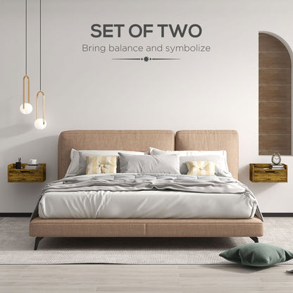 Floating Nightstand Set of 2 Wall Mounted Bedside Table with Storage Drawer for Bedroom, Rustic Brown