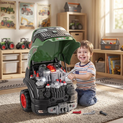 Kids Truck Engine Toy | Green Pretend Play Mechanic Workshop with 55 Accessories