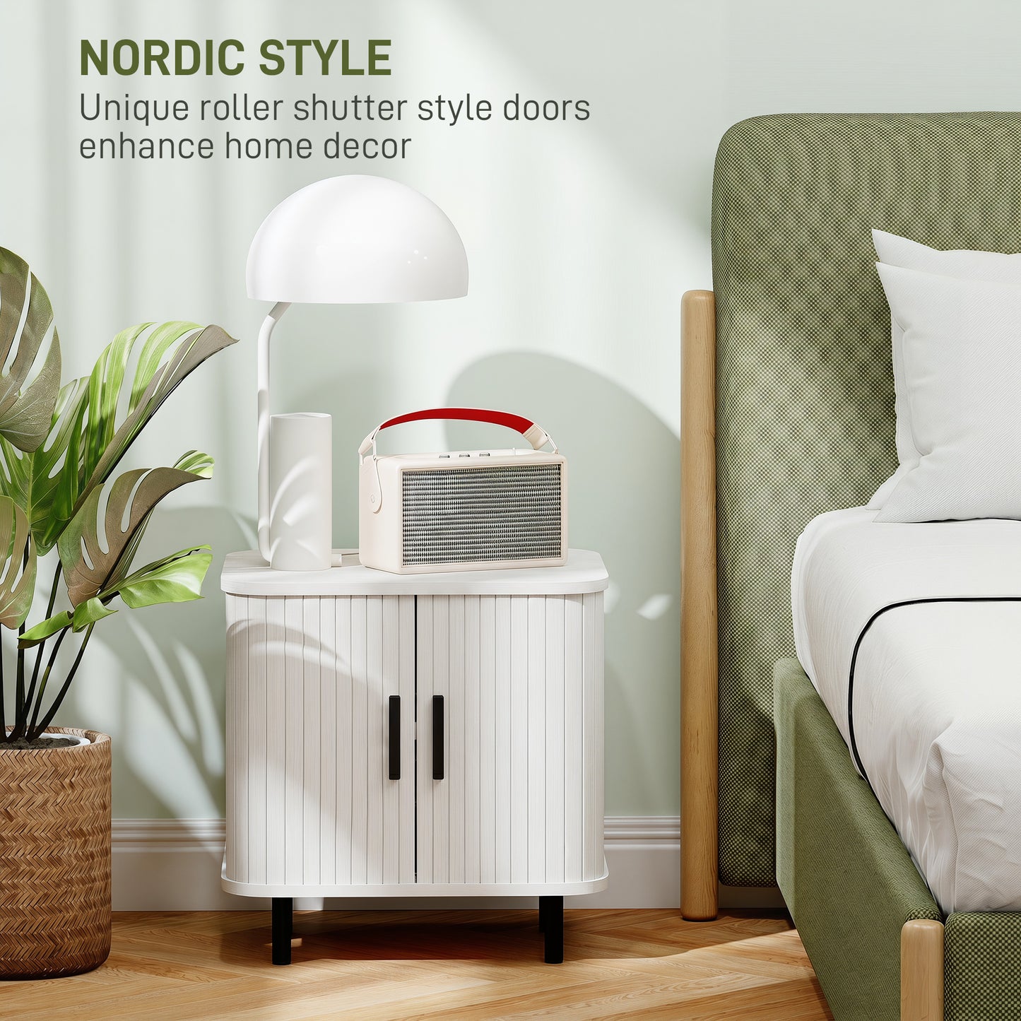 Nordic Bedside Table | Roller Shutter Sliding Doors | 2-Tier Storage | Steel Legs | Scratch-Resistant Melamine | 90kg Capacity | 48 x 40 x 48cm | White Wood Effect