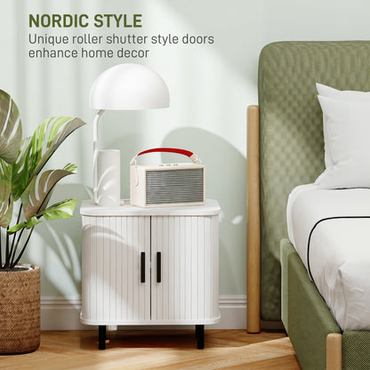 Nordic Bedside Table | Roller Shutter Sliding Doors | 2-Tier Storage | Steel Legs | Scratch-Resistant Melamine | 90kg Capacity | 48 x 40 x 48cm | White Wood Effect