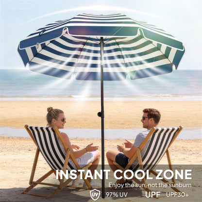 Beach Umbrella Parasol | 1.8m | 30° Tilt | UPF30+ | 130-210cm Adjustable | Sand Anchor | Carry Bag | Blue & White
