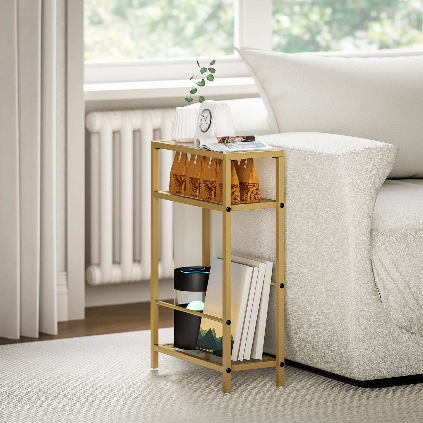 3-Tier Side Table, Narrow End Table with Storage Shelf and Tempered Glass Tabletop for Small Spaces, Bedroom, Living Room, Entryway