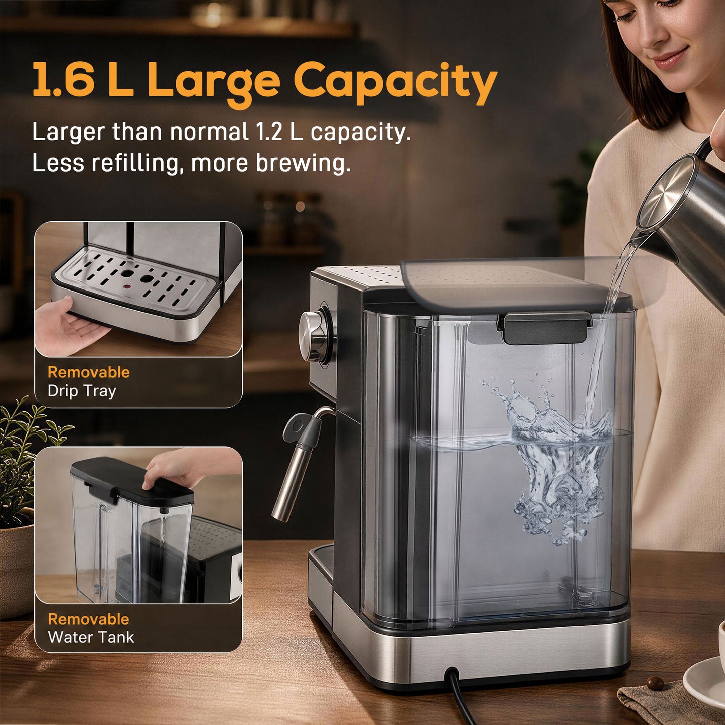 20-Bar Espresso Machine | Cappuccino Coffee Maker | Milk Frother | 1.6L Tank | LED Touch | Single & Double Shot | Black